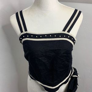 Anthropologie Flannel Black White Toe waist Top with beading size S